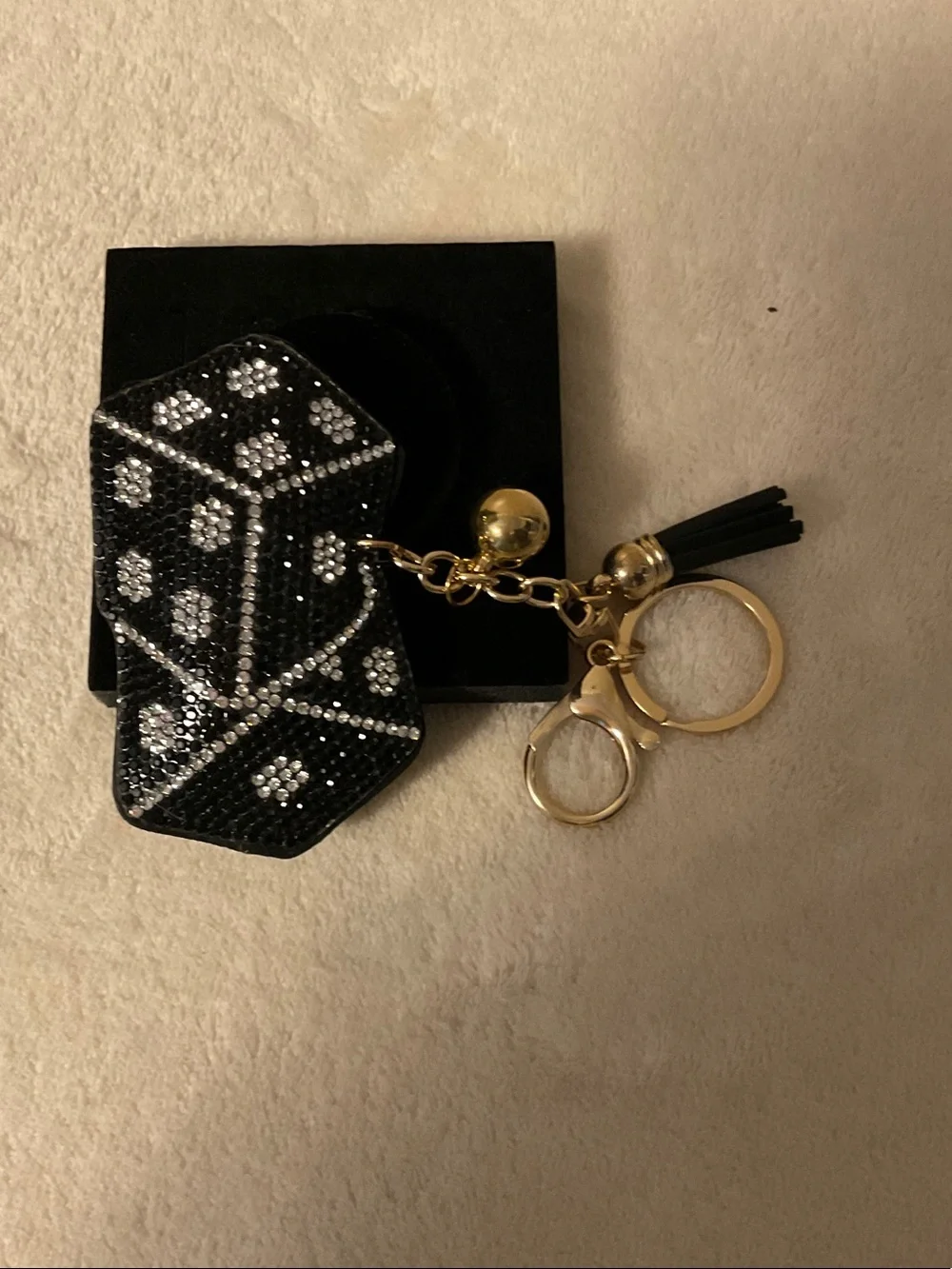 Black Crystal Dice Key & Card Holder Keychain with Gold Hardware